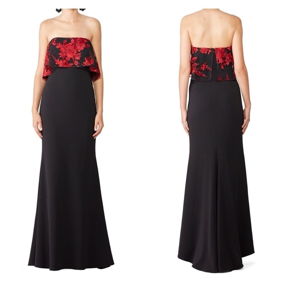 Badgley Mischka Dresses & Skirts - BADGLEY MISCHKA Floral Dress black red  Popover Gown strapless maxi. Size 6